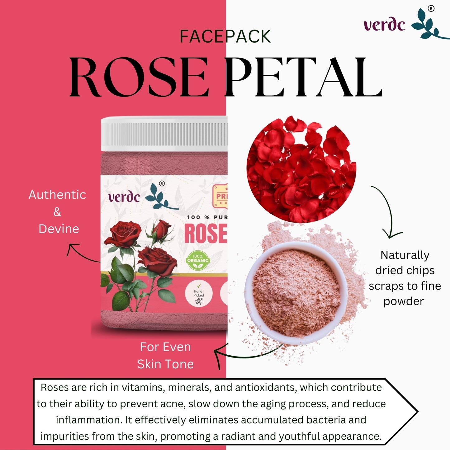 100% Pure & Natural Rose Petals Powder for Face/Hair/Lip -Glowing Skin- (150 GM)