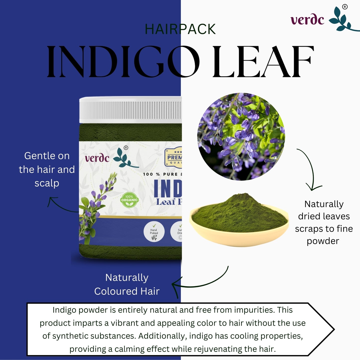 100% Pure & Natural Indigo Leaf Powder for Hair (Indigofera Tinctoria, 150 GM)