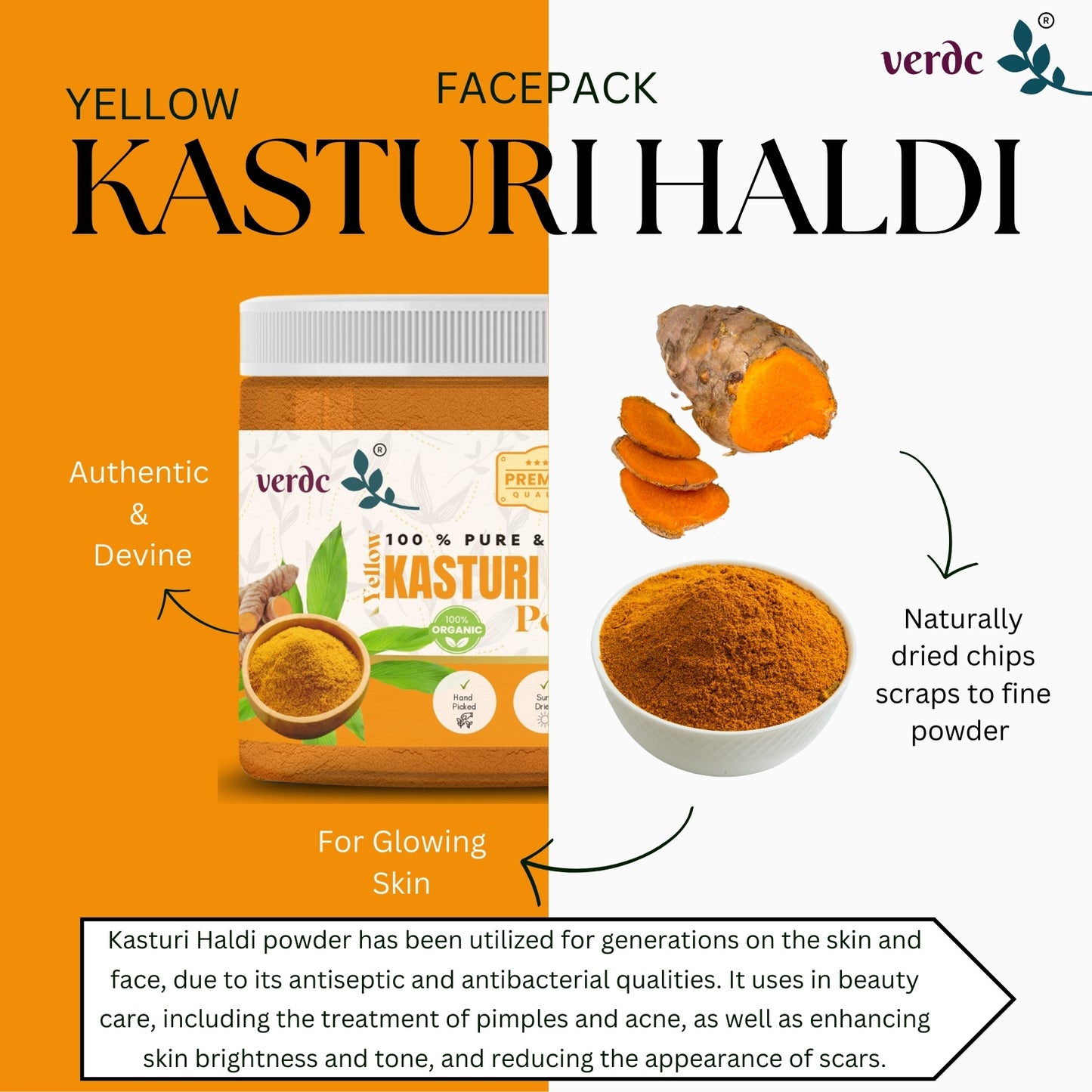 100% Pure & Natural Yellow Kasturi Haldi/Manjal Powder for Clear Skin 100 GM