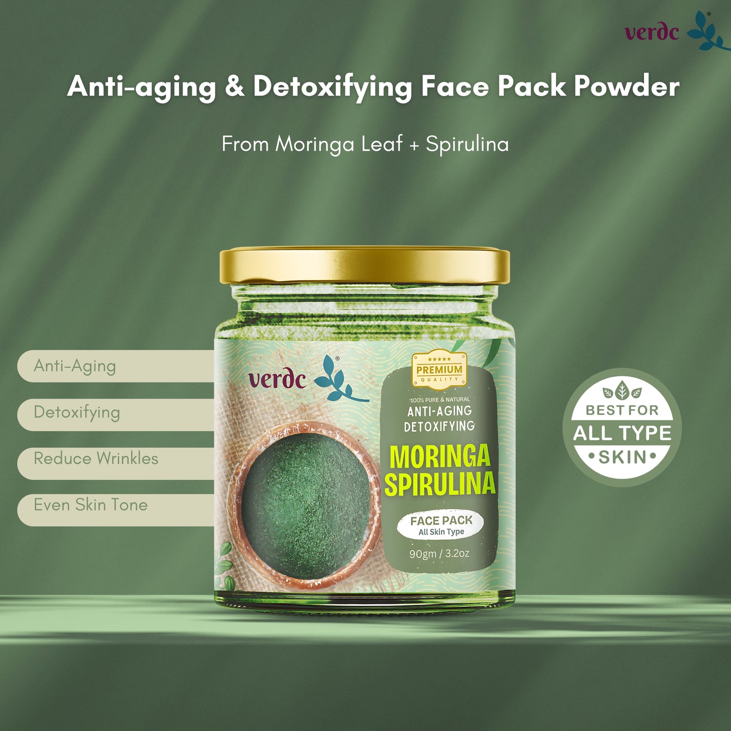 Moringa Spirulina Face Pack Powder For Anti-aging & Detoxifying For Men & Women