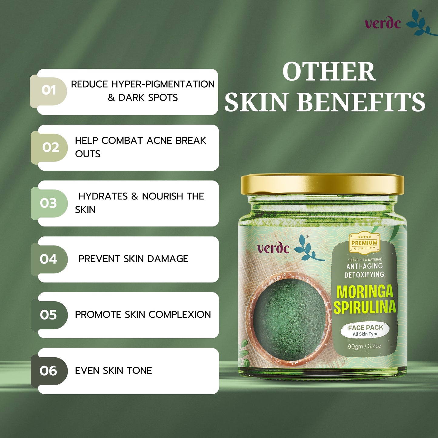 Moringa Spirulina Face Pack Powder For Anti-aging & Detoxifying For Men & Women