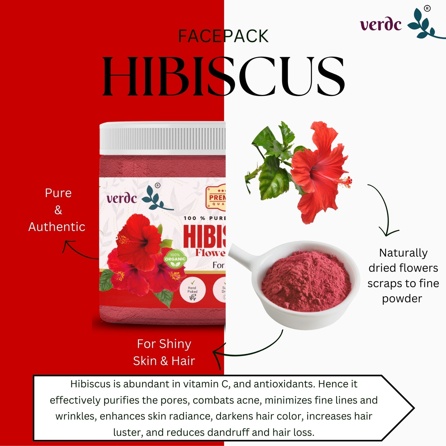 Natural Hibiscus Flower Powder for Face, Skin & Hair - (200 GM)