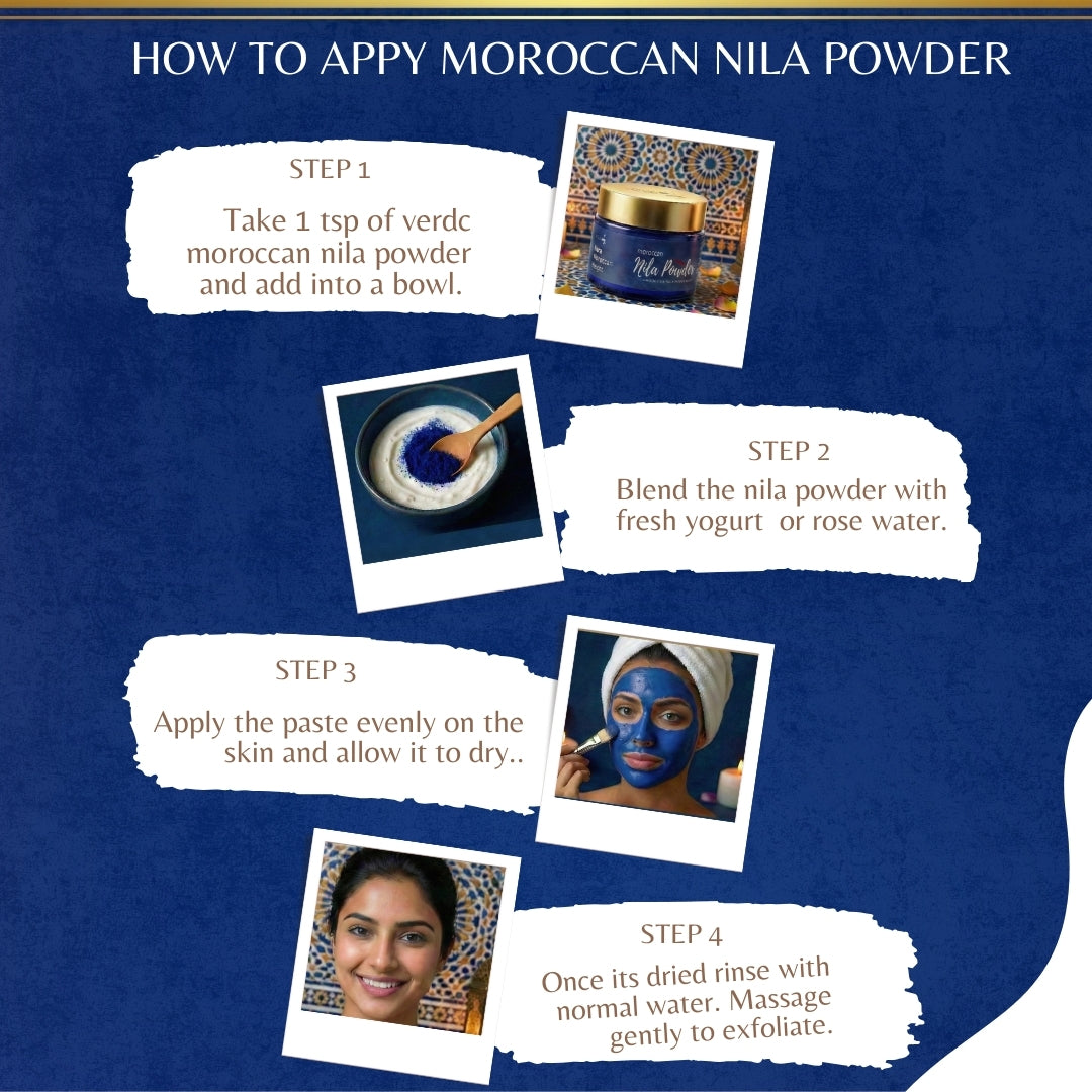 Moroccan Nila Powder 100% Authentic - Brightens & Evens Skin Tone | Face & Body Blue Clay Mask | Traditional Moroccan Skincare All Skin Types - 50 GM