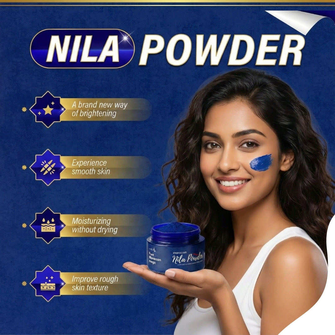 Moroccan Nila Powder 100% Authentic - Brightens & Evens Skin Tone | Face & Body Blue Clay Mask | Traditional Moroccan Skincare All Skin Types - 50 GM